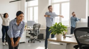 Empleado realizando estiramientos para prevenir lesiones
