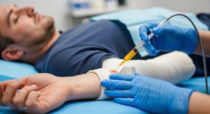 Paciente recibiendo tratamiento de plasma rico en plaquetas para fractura