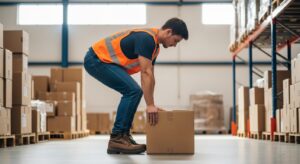 Trabajador levantando carga correctamente con las rodillas dobladas
