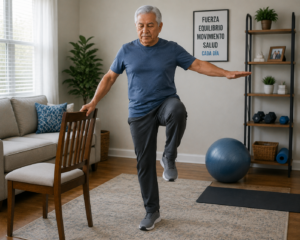 Adulto mayor practicando ejercicios de equilibrio en casa para reducir el riesgo de caídas y fracturas