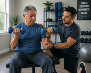Adulto mayor realizando levantamiento de pesas ligeras con ayuda de un instructor para prevenir lesiones