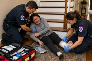Paramédicos asistiendo a una persona lesionada tras una caída en escaleras