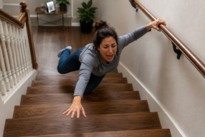 Persona perdiendo el equilibrio mientras cae por una escalera residencial y trata de sostener el pasamanos