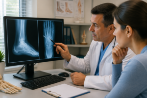 Médico mostrando fractura oculta en radiografía tras accidente