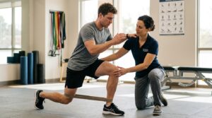 Atleta realizando terapia física después de una fractura deportiva