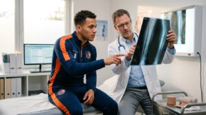 Médico deportivo revisando radiografía de atleta con posible fractura