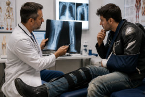 Médico revisando radiografías de un motociclista lesionado con fracturas en brazo y pierna