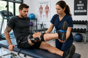 Motociclista realizando terapia física durante recuperación de fracturas graves