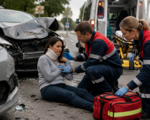 Paramédicos asistiendo a una persona lesionada después de un accidente automovilístico grave