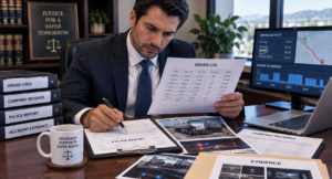 Abogado revisando evidencia de accidente por fatiga del conductor
